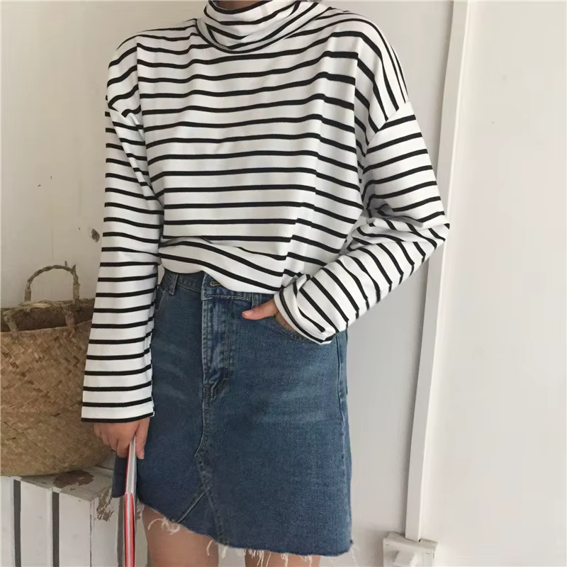 Automne à manches longues col roulé hauts mince tricoté fond t-shirt mode coréenne pull Harajuku pul