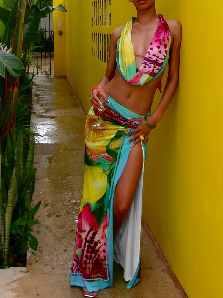 Nibber Sexy Coloré Léopard Femmes 2 Pièce Ensemble Y2K Plage Vacances Halter Débardeurs + Enveloppé 