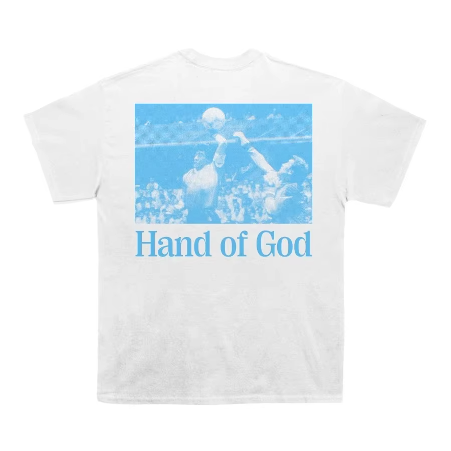 T-shirt en coton Diego Maradona Main de Dieu pour homme, style rétro athlétique streetwear, blanc, v