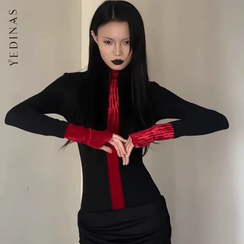 Yedinas Patchwork col roulé T-shirt femme vêtements à manches longues noir gothique haut d'automne 2