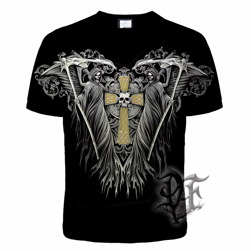 T-shirt col rond pour hommes européens et américains, nouvelle lettre de crâne gothique imprimée, co