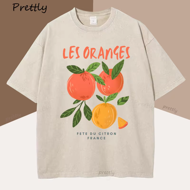 T-shirt fruits Orange France T-shirt femme coton manches courtes graphique T-shirt Vintage col rond 