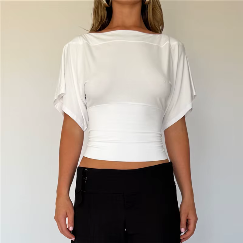 Haut court décontracté pour femme à col bateau et manches chauve-souris, taille froncée, coupe ajust