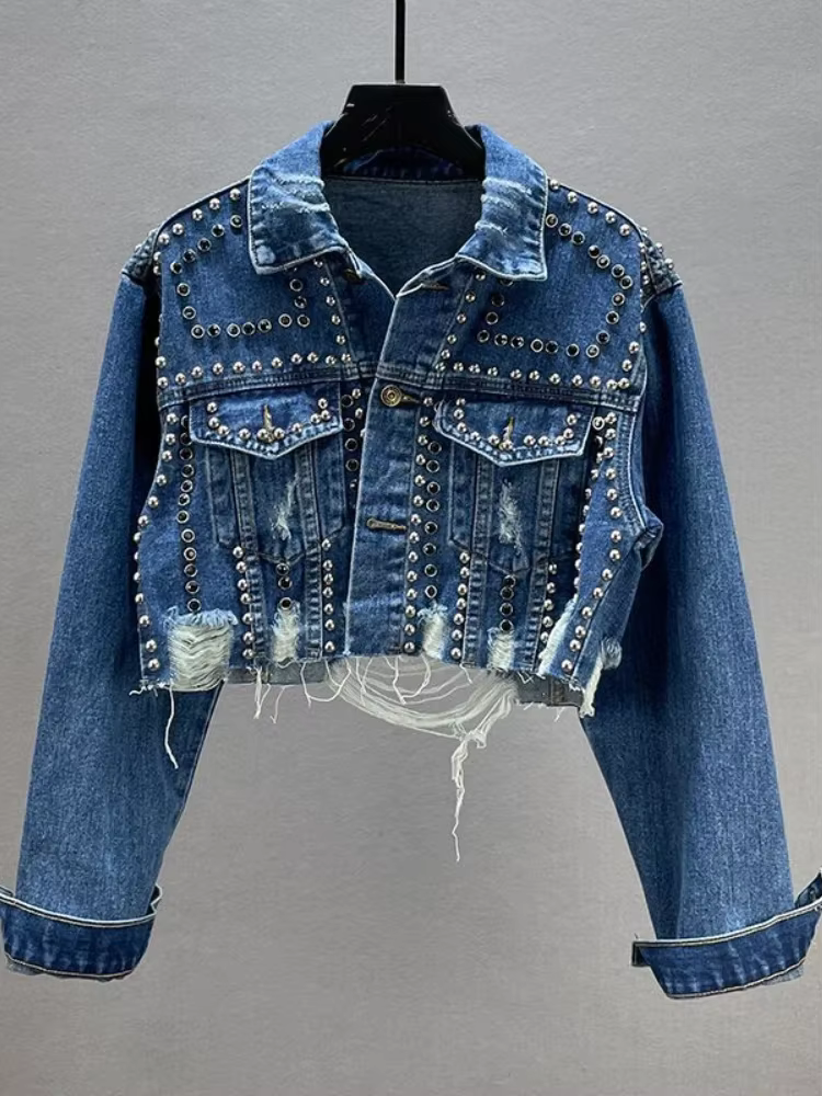 Veste en Jean pour femmes 2024 printemps été nouveau dans l'industrie lourde Rivet clouté veste en J