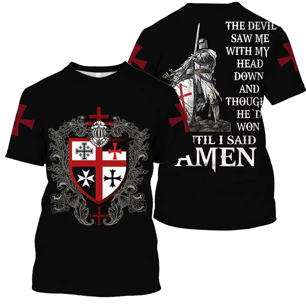 2025 T-shirt Vintage pour hommes 3D chevalier imprimé hauts rue Hip Hop col rond manches courtes T-s
