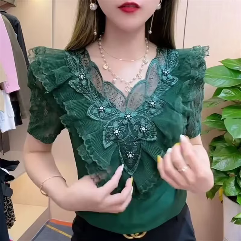 T-shirt fin à manches courtes avec coutures florales à volants en dentelle, couverture de viande, ch