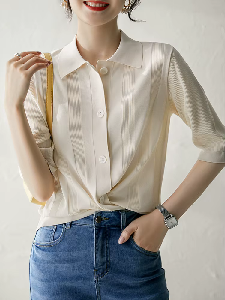 Col rabattu t-shirt Femme mode coréenne vêtements bouton t-shirts pour femmes à manches courtes 2025