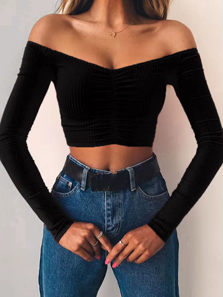 Femmes T-shirts sexy et club mode femme T-shirt à manches longues épaules nues couleur unie dame T-s