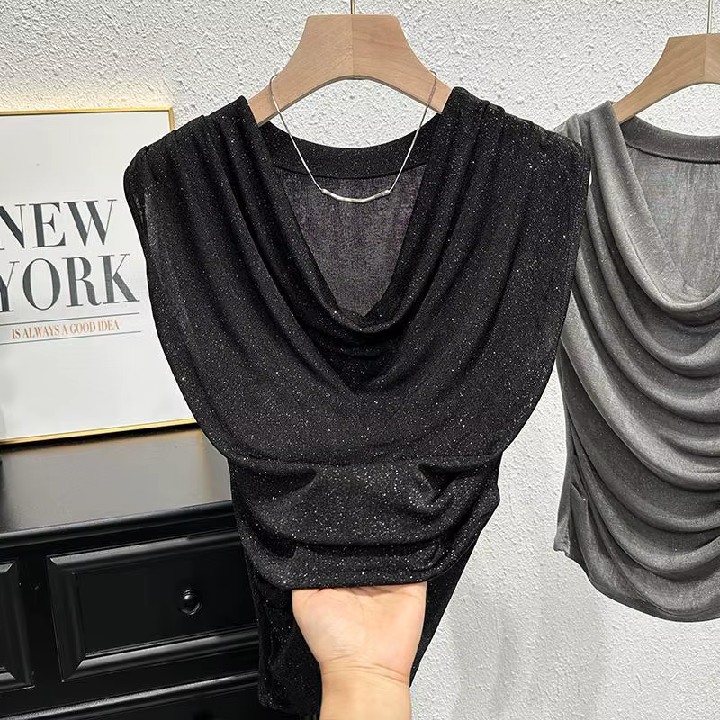 T-shirt en fibre fine pour femme, petite chemise chic, blouse brillante, sens du design de mode, tem