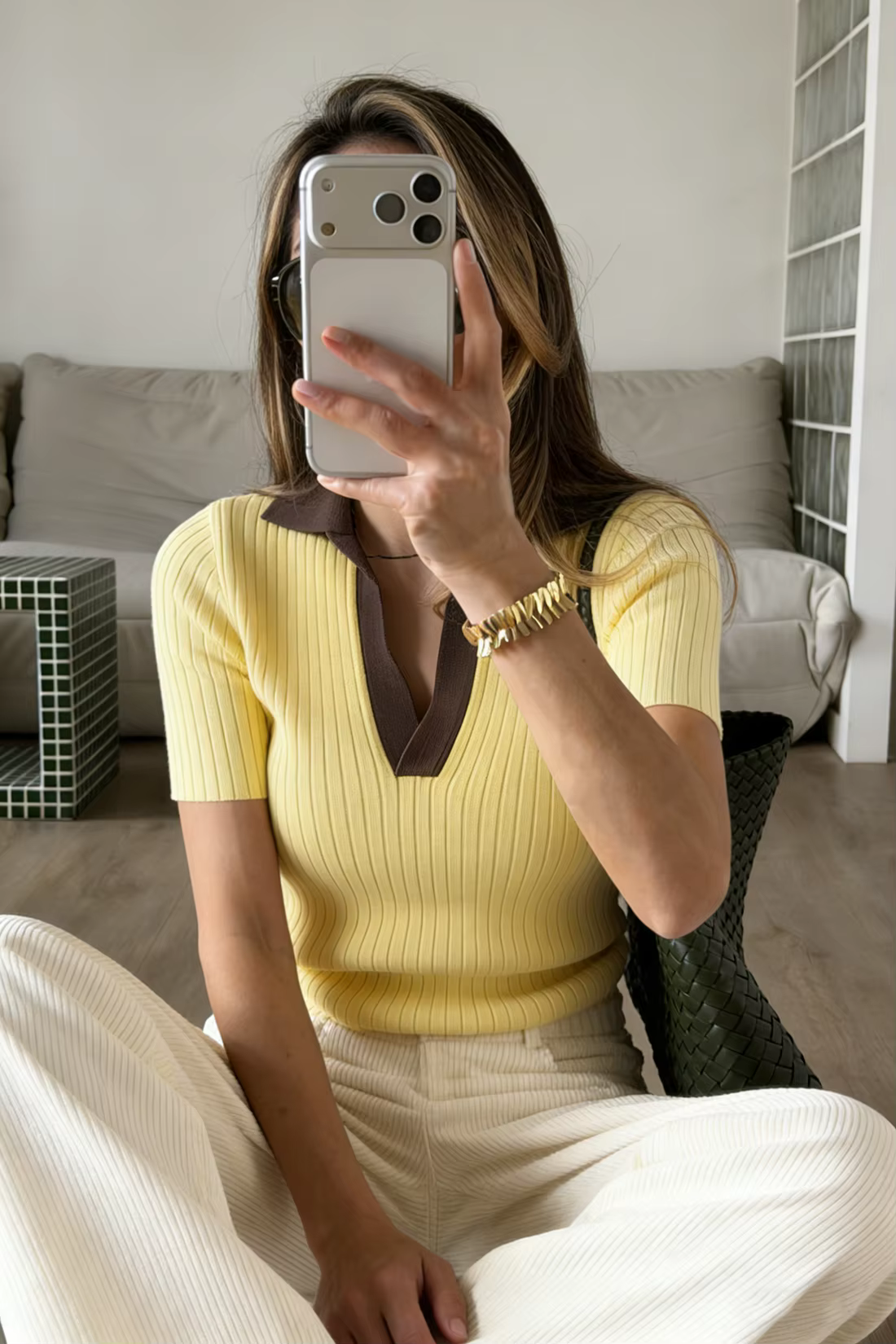 T-shirt élégant en tricot pour femme, jaune, manches courtes, style polo, 100% coton, haut d'été pou