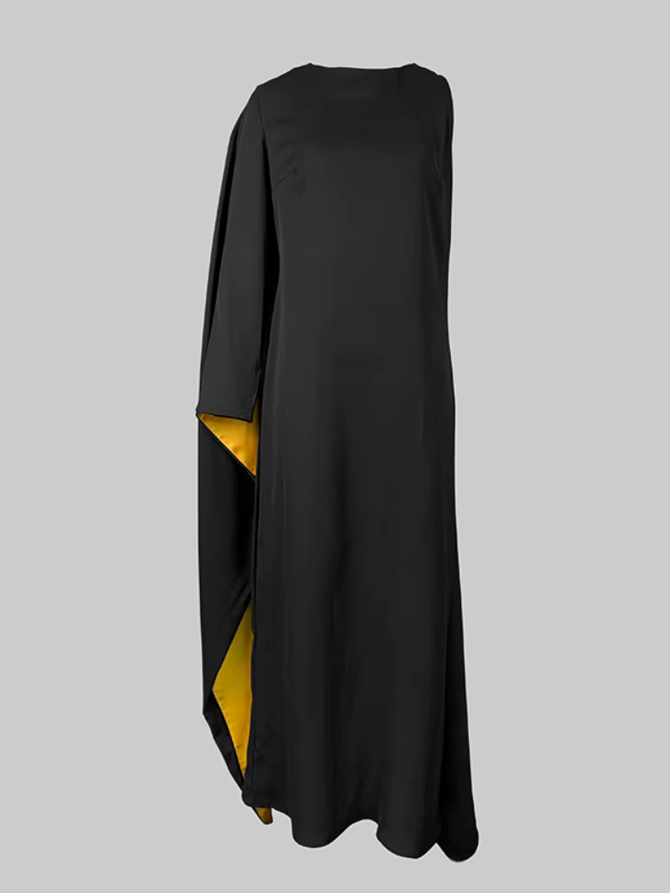 Onecozyday – robe Maxi asymétrique épaule dénudée pour femmes, couleur contrastée, noir et or, col r