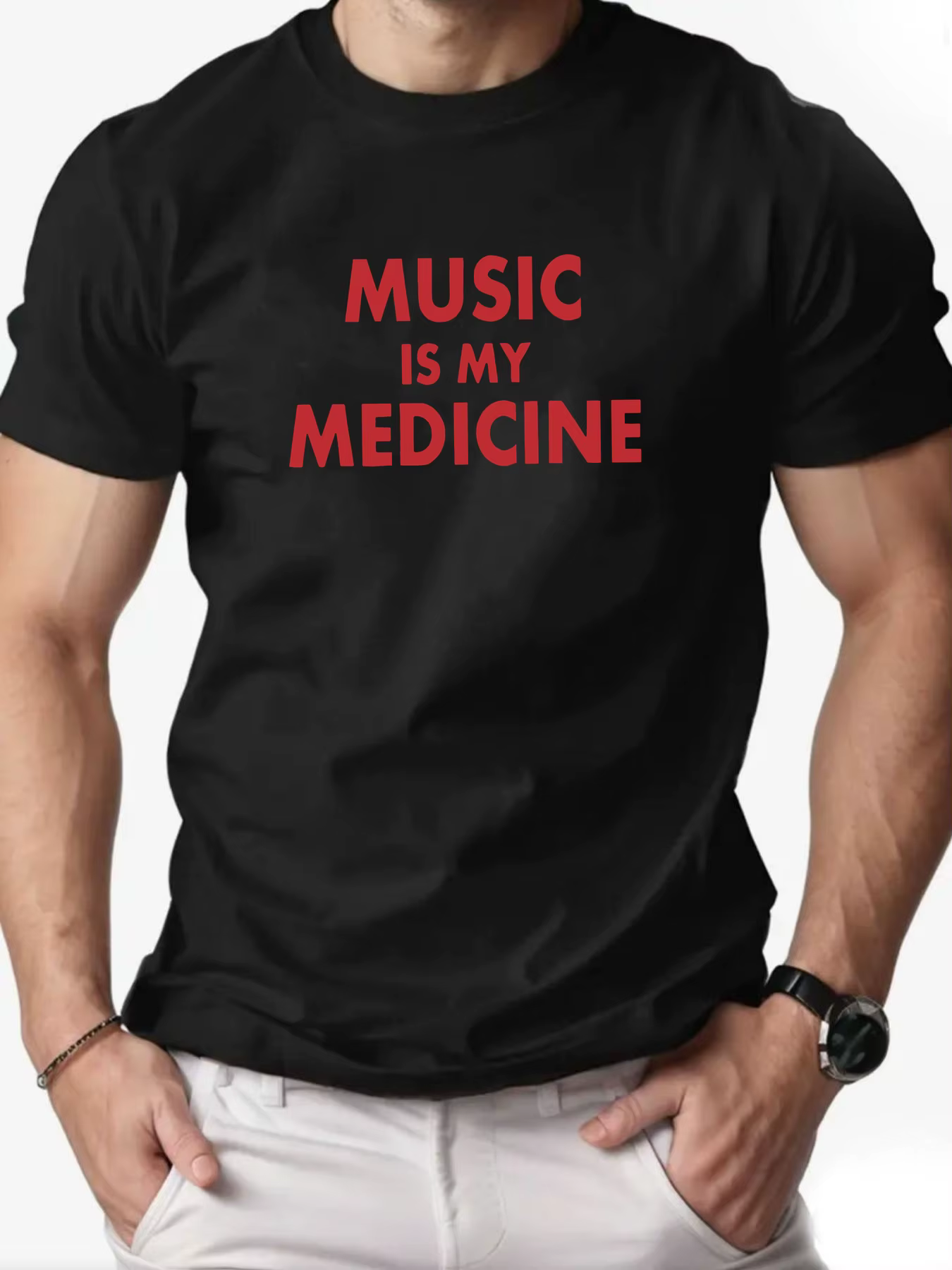 T-shirt homme la musique est mon médecine police anglaise impression homme coton col rond décontract