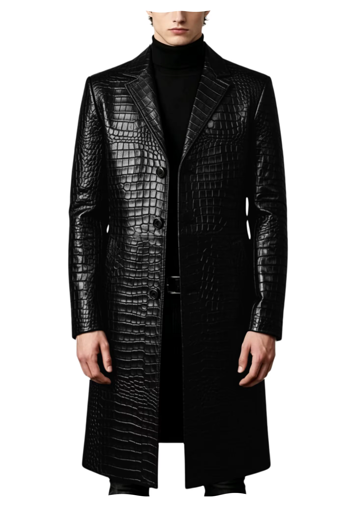 Manteau long en cuir gaufré crocodile de qualité supérieure pour homme, coupe ajustée, simple bouton