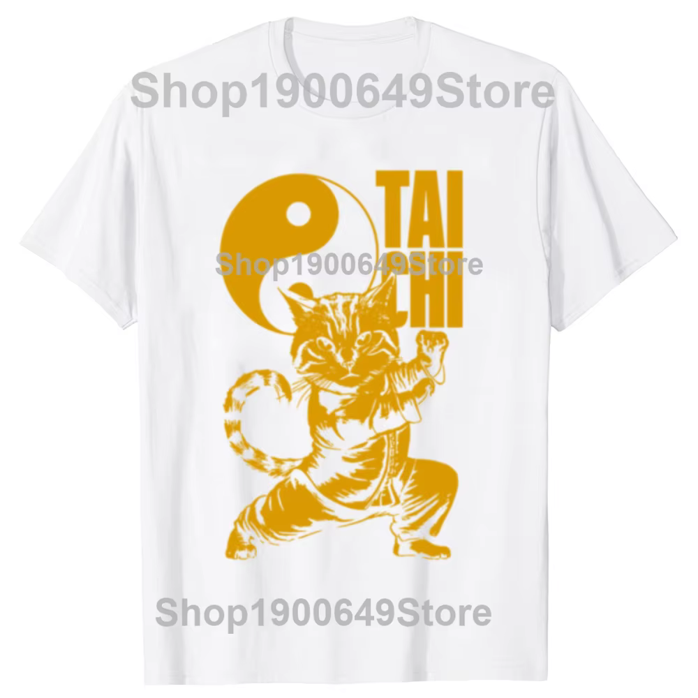 T-shirts Kawaii Chat Tai Chi Arts Martiaux Yin Yang pour Hommes et Femmes, T-shirt Décontracté Tenda