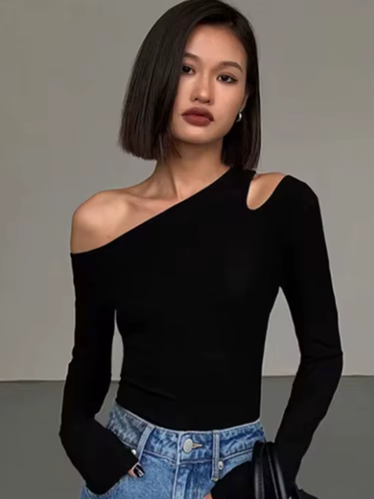 Mode col incliné épaules dénudées à manches longues T-shirts femmes printemps nouveau solide coupe a