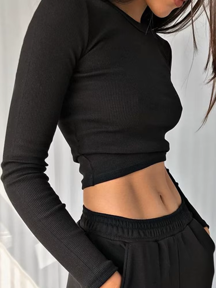 O cou à manches longues chemise femmes côtelé Sexy hauts courts 2025 printemps noir décontracté maig
