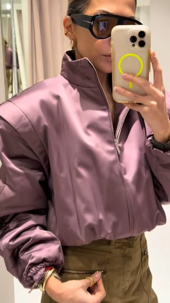 Veste matelassée unie violette pour femme, manches longues, col montant, coupe oversize, courte, nou
