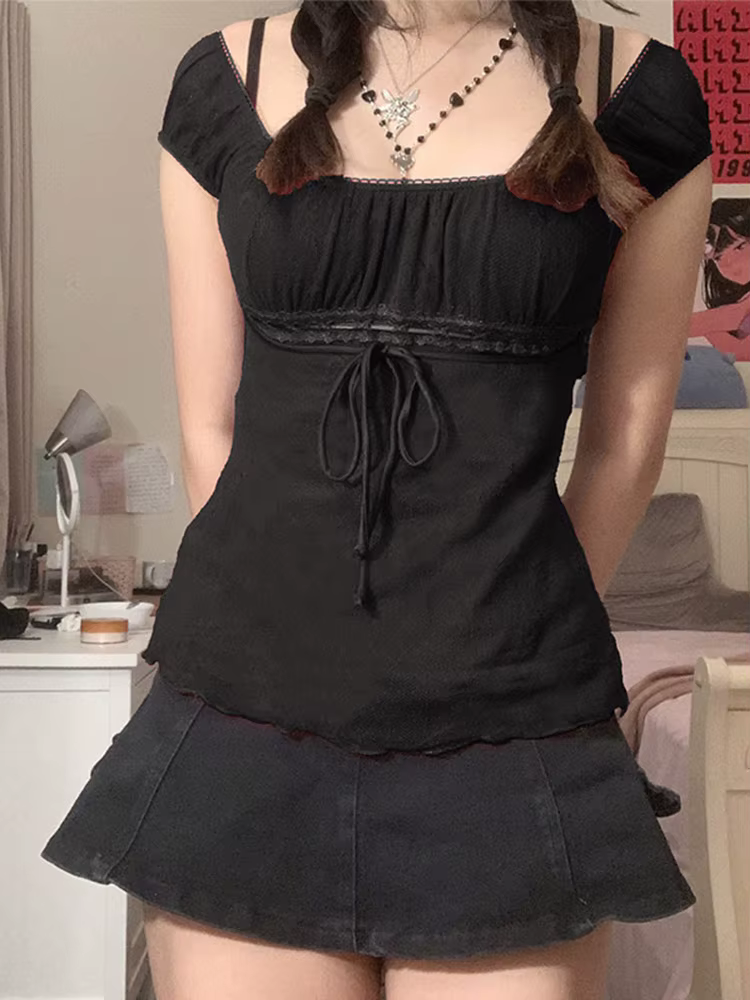 T-shirt en dentelle pour femmes, épaules dénudées, avec cordon de serrage, mode coréenne, fée Grunge
