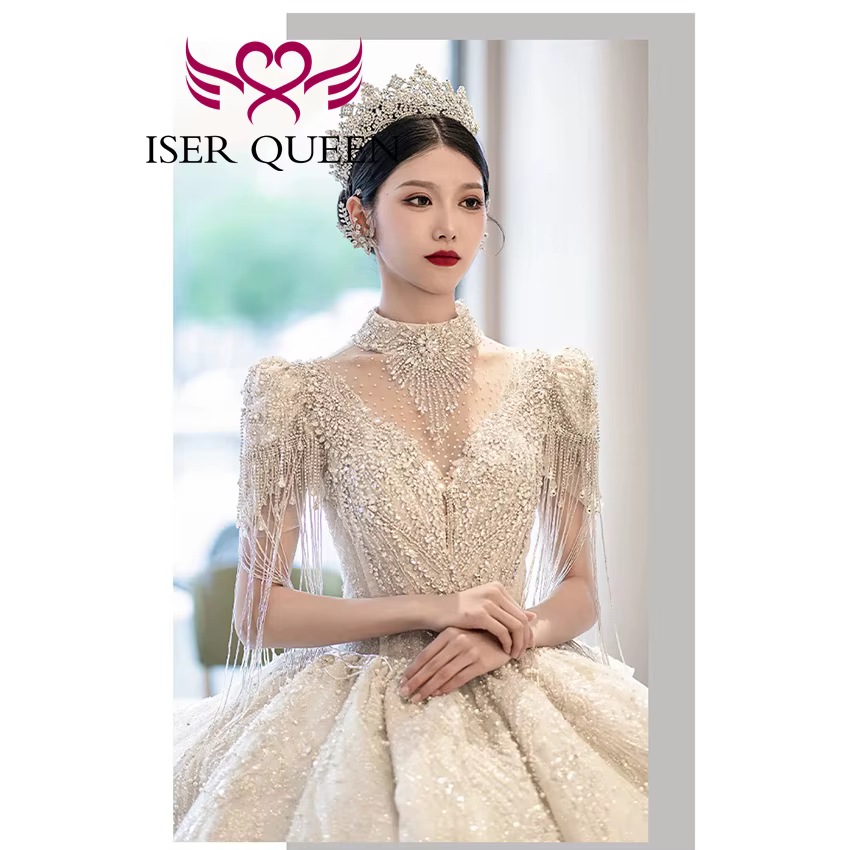 Robe de mariée de luxe personnalisée, nouvelle tendance 2026, pour femme, col montant, manches à fra