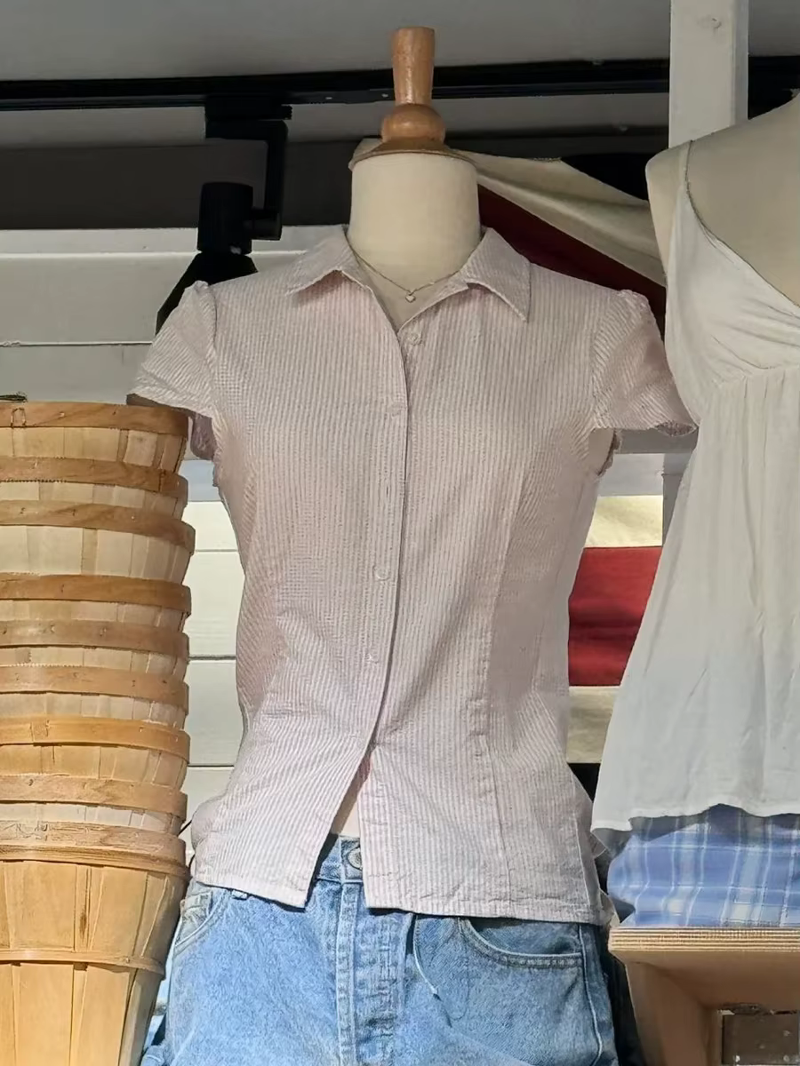 T-shirt Slim à rayures roses pour femme, chemisier d'été à revers, simple boutonnage, manches courte