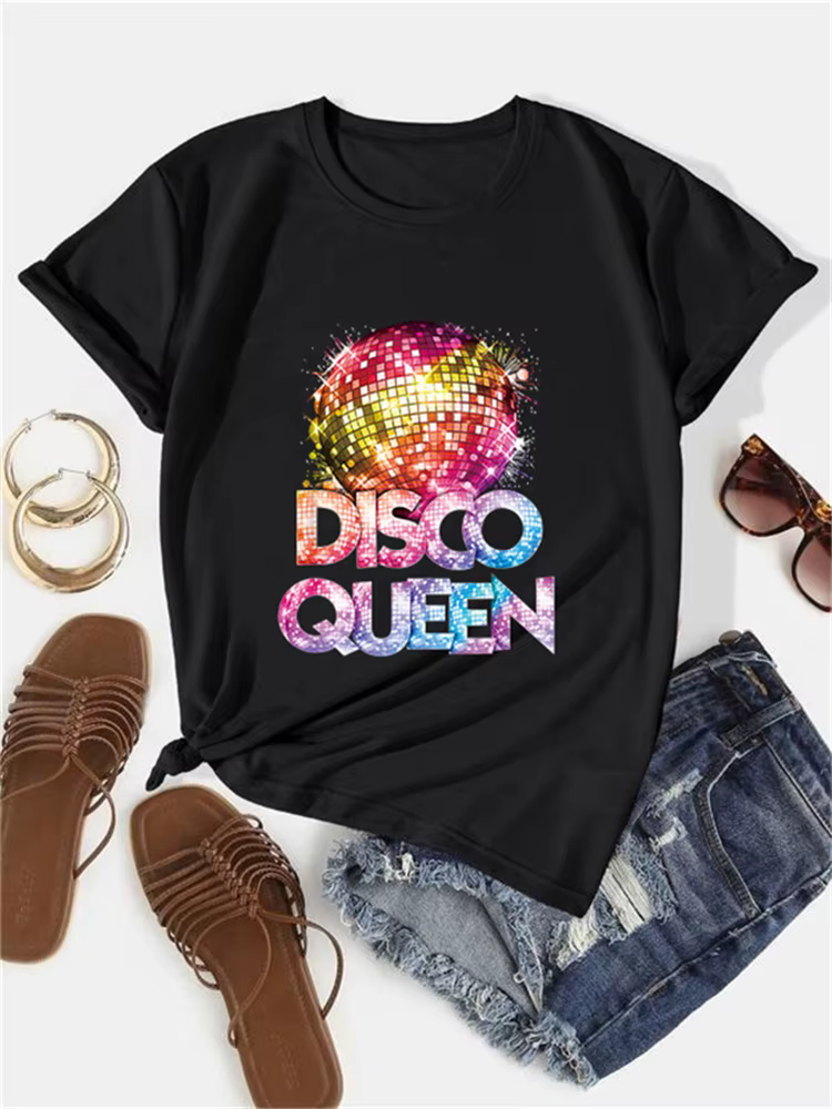 T-shirt à col rond pour femme, style rétro années 70, thème Disco Queen, style décontracté et confor
