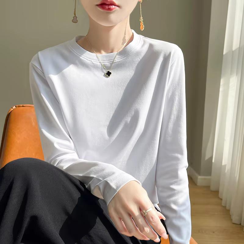 T-Shirt à manches longues et col rond pour femme, 100% coton, chemise à bascule, haut ample, printem