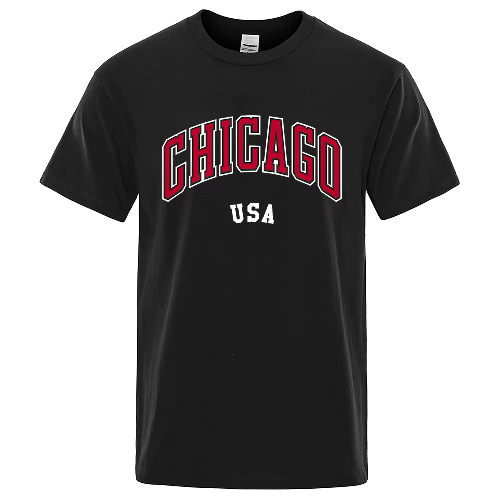 T-shirts unisexes en coton à imprimé lettres 'Chicago Usa City Street', coupe ample, respirants, col