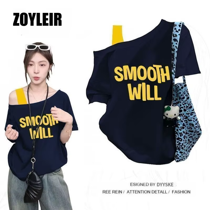 T-shirt élégant d'été asymétrique pour femme, faux deux-pièces, oversize, à motif graphique, manches