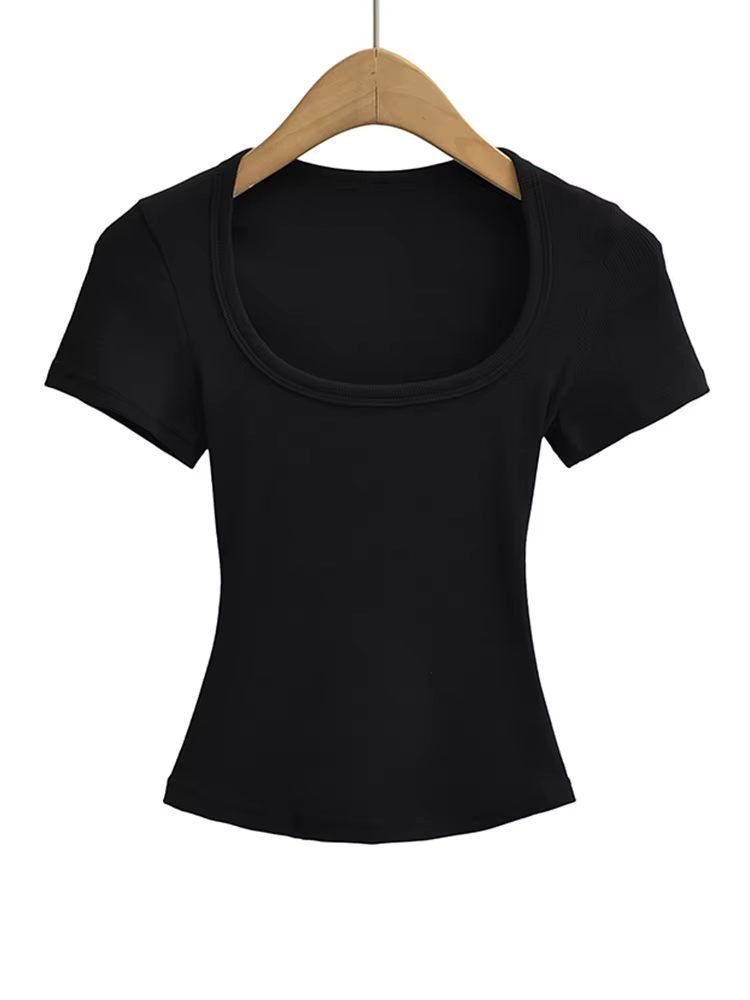 Haut court d'été à col carré pour femmes, haute élasticité, manches courtes, sexy, coupe cintrée, pu