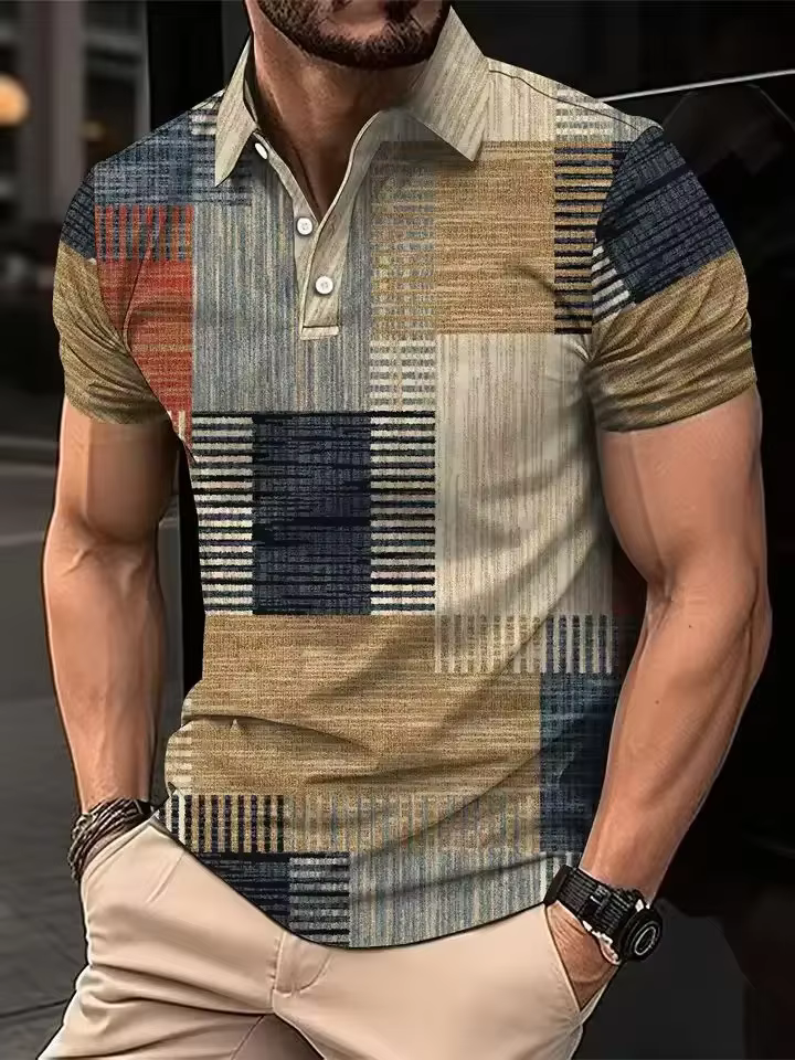 Polo à manches courtes pour homme, motif patchwork, gris, design confortable, idéal pour l'été