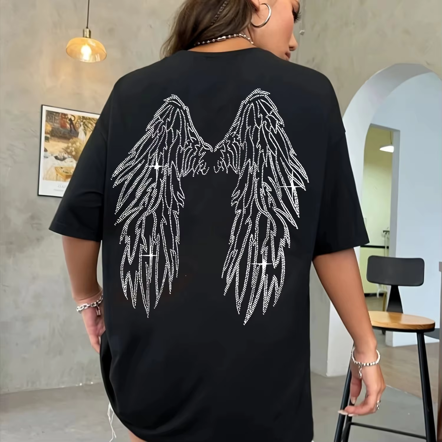 T-shirt noir avec ailes d'ange et motif « love », décontracté, col rond, été, pour hommes et femmes,