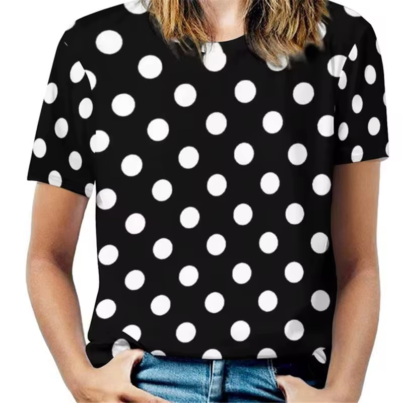 T-shirt à manches courtes et col rond pour femmes, vintage, impression de points 3D, mode rétro, t-s