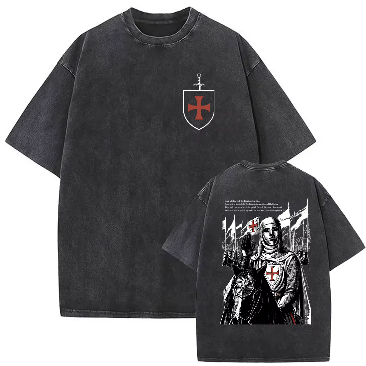T-shirts vintage lavés Deus Vult Chevaliers Templiers Croisades pour hommes – T-shirt rétro en coton