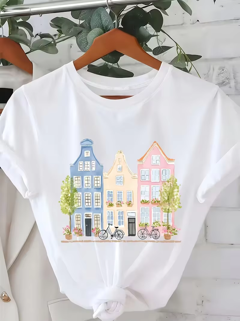 T-shirt pour femme avec motif des monuments britanniques (Big Ben, bus rouge), col rond décontracté,