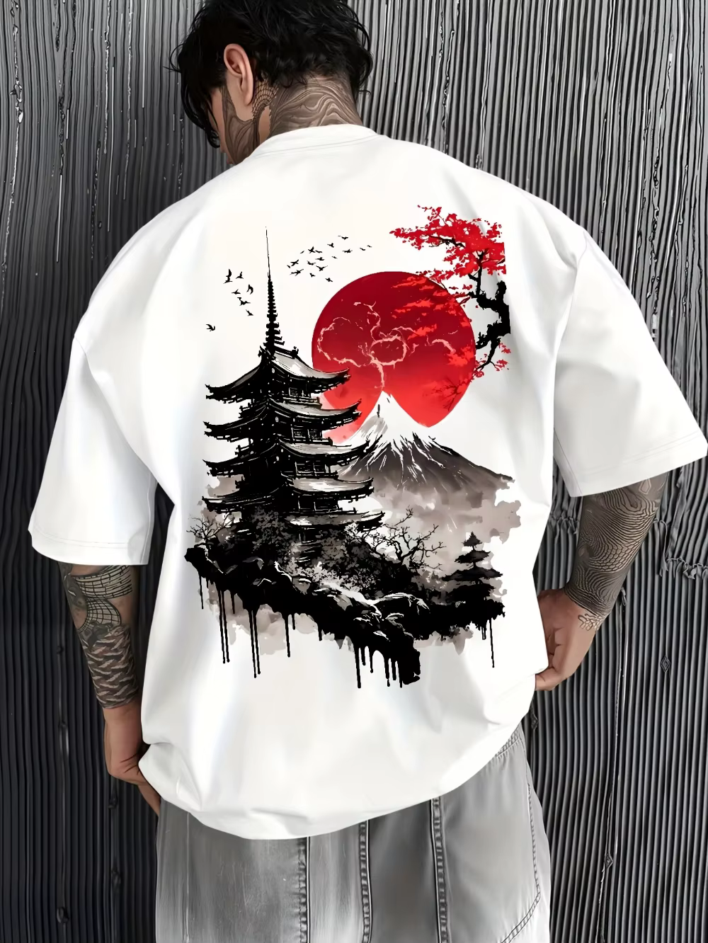 T-shirt décontracté pour homme 2026, culture japonaise, imprimé Pagode et Mont Fuji, soleil levant, 