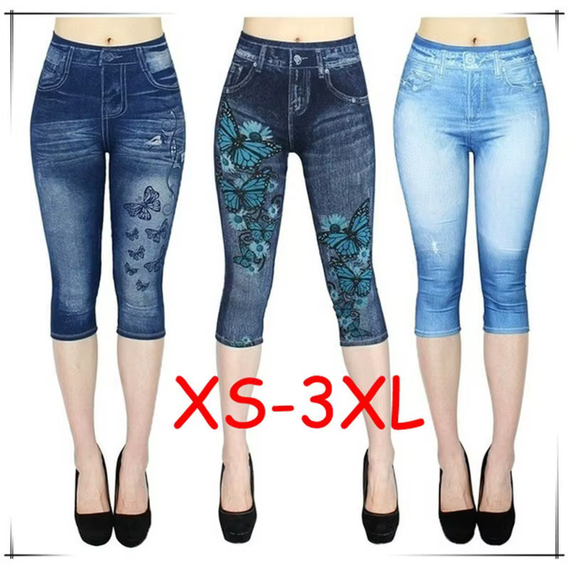 Femmes imprimer Imitation Denim Leggings maigre extensible pantacourt en plein air Jogging marche mo