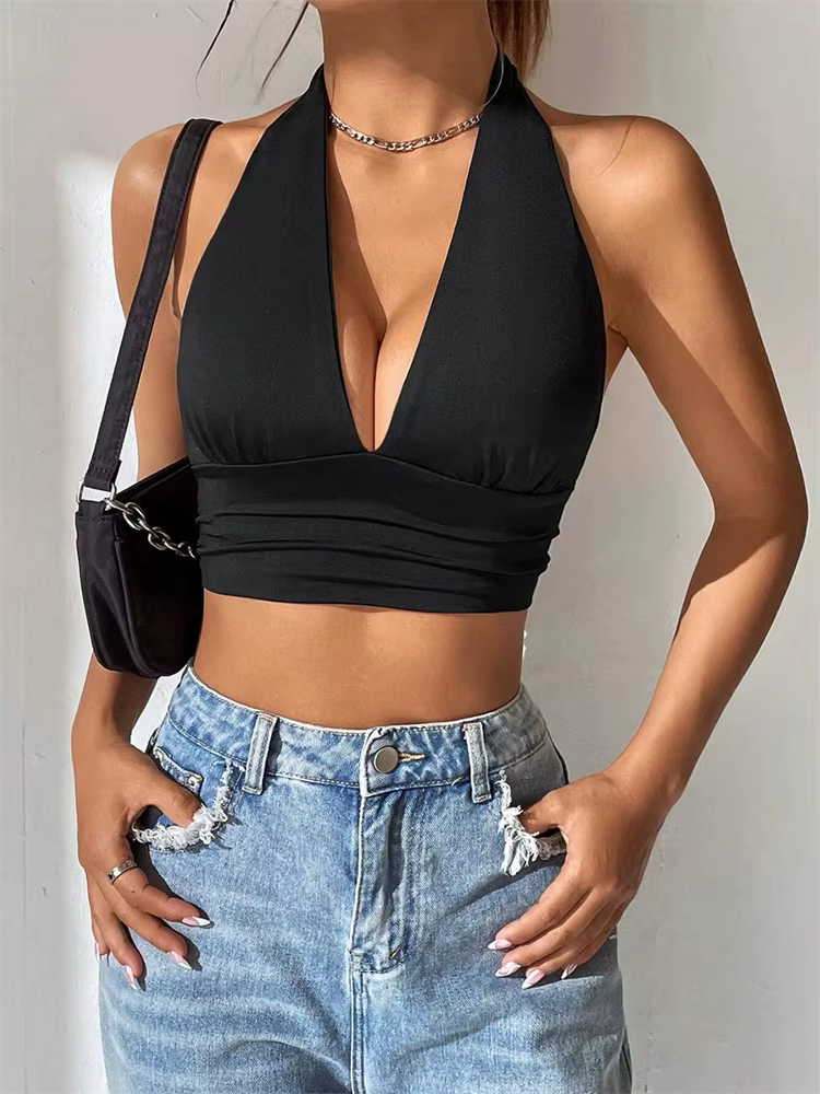 Haut court sans manches, dos nu, décolleté en v profond, col licou, pour femmes, fête en Club, Sexy,