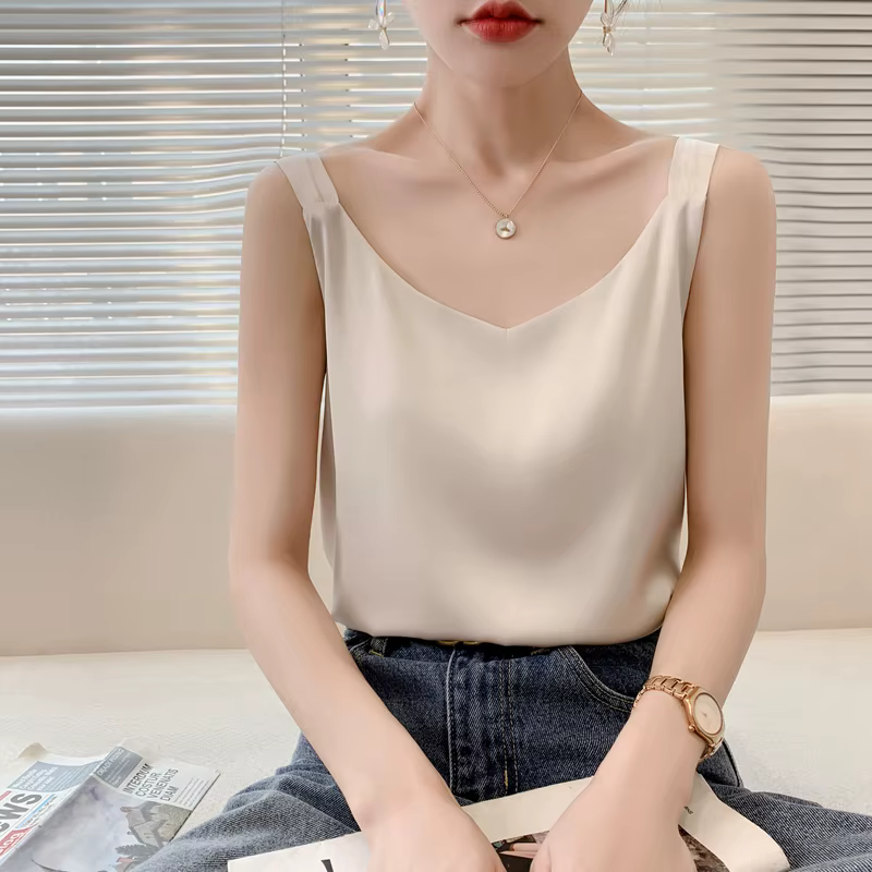 Camisole en soie pour femmes, costume d'été à l'intérieur, col en v, gilet à bascule en Satin, fin,