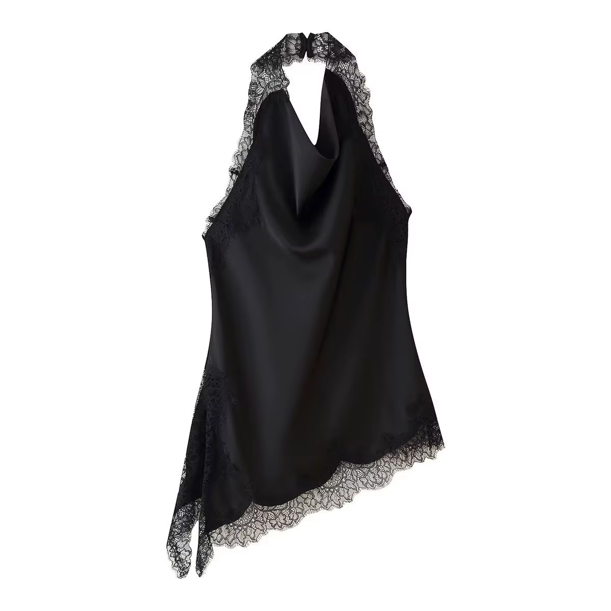 Satin dentelle noir asymétrique hauts femmes Sexy licou dos nu hauts + dentelle mi-longue jupes femm