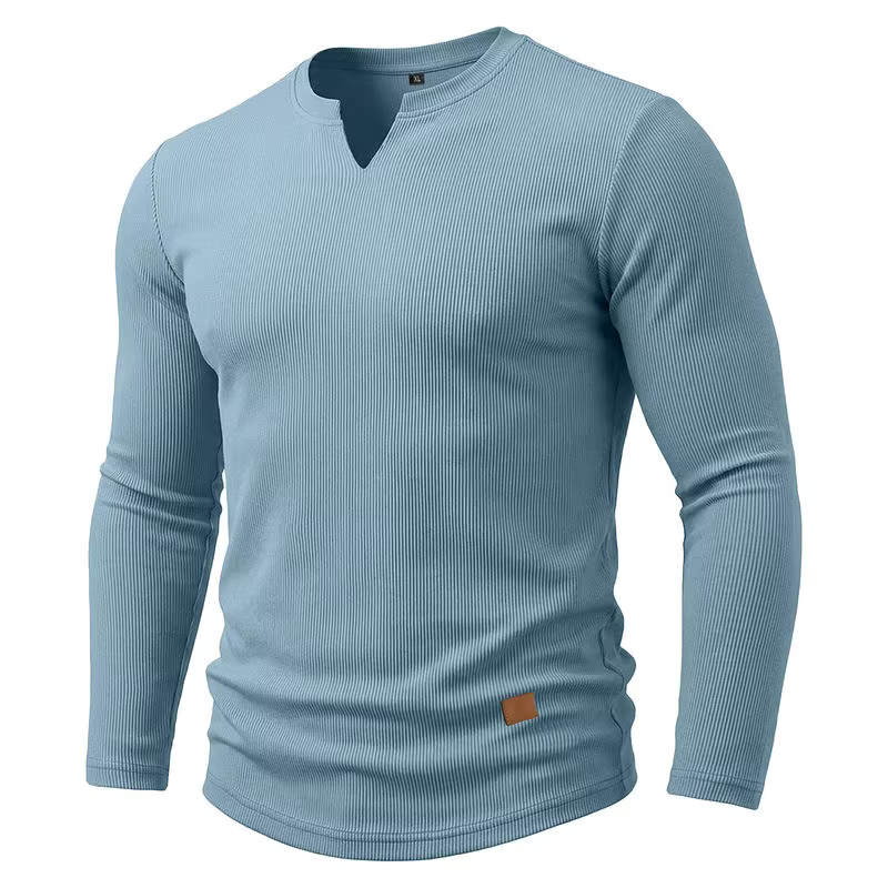 T-shirt côtelé à col en V pour homme, coupe ajustée, manches longues, épais, décontracté, pour l'exp