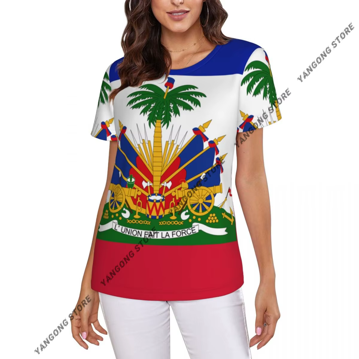 T-shirt femme drapeau d'haïti T-shirt femme décontracté col rond manches courtes hauts t-shirts vête