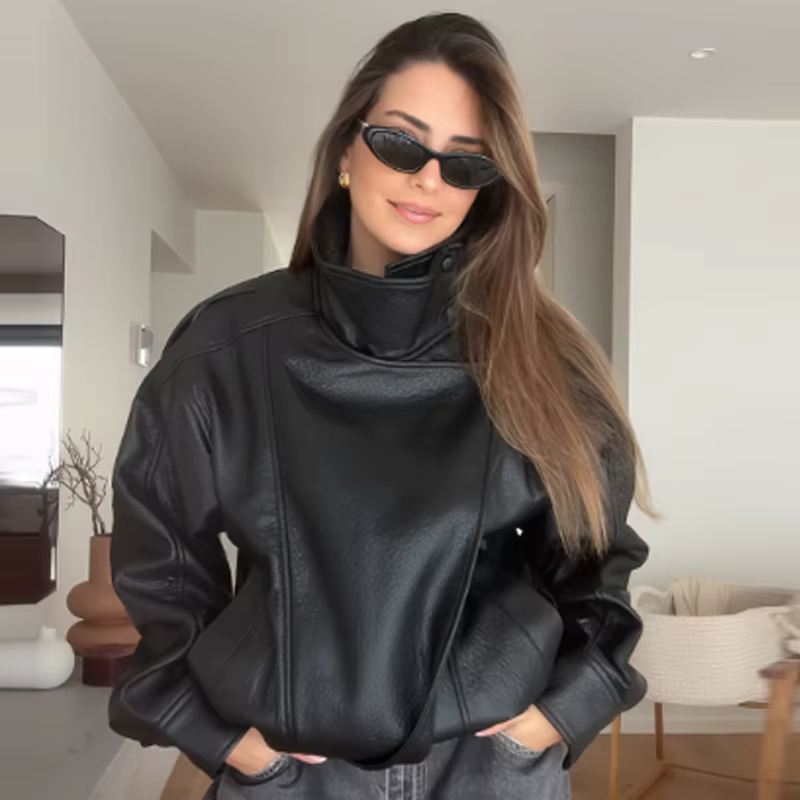 HXAO femmes vestes noir veste en simili cuir femme 2025 asymétrique à manches longues vêtements d'ex