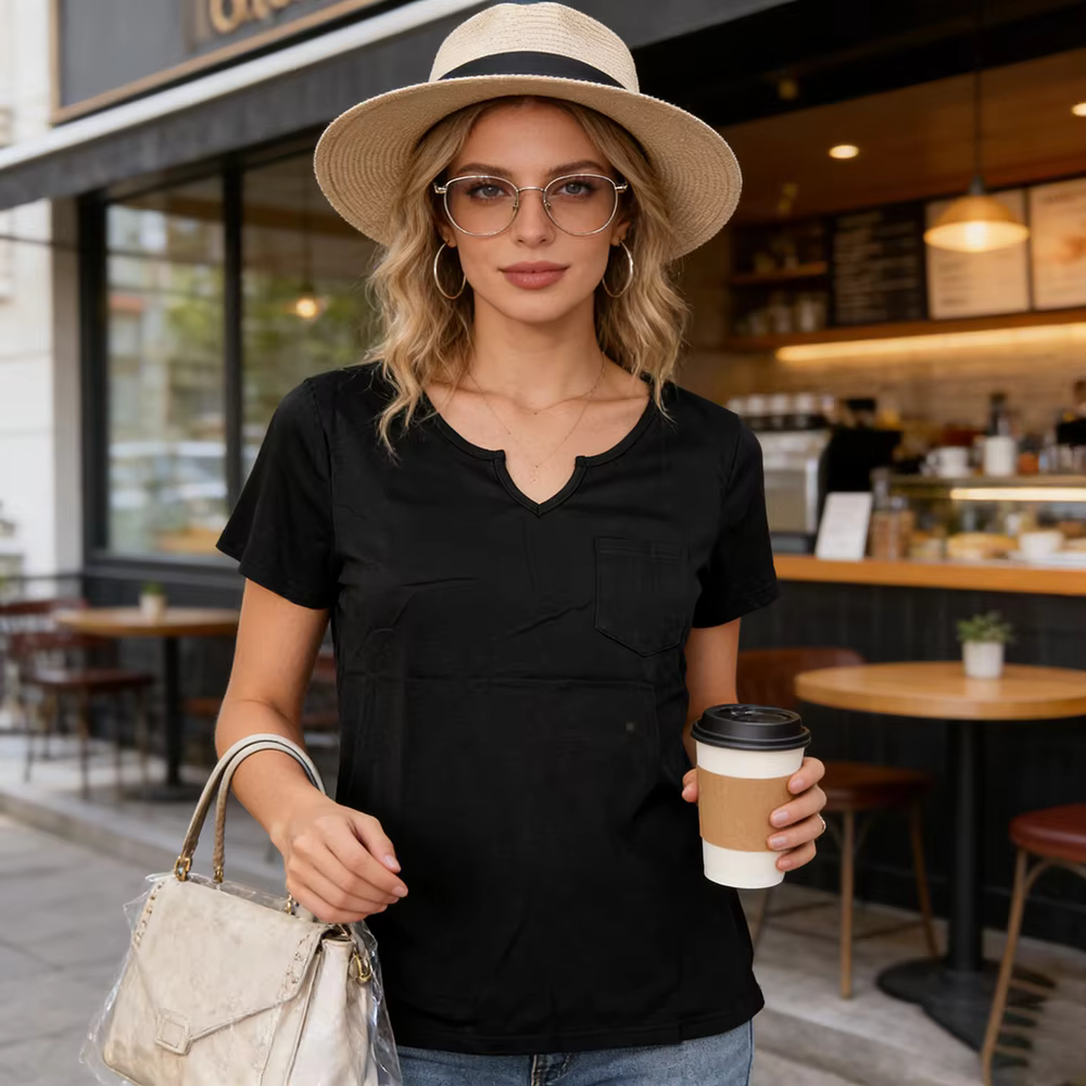 T-shirt blanc à col en V pour femme avec poche poitrine – Coupe décontractée