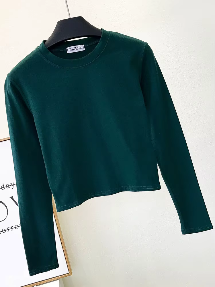 Vêtements en coton noir sexy pour femmes, col rond, manches longues, nombril, base d'automne, mode d