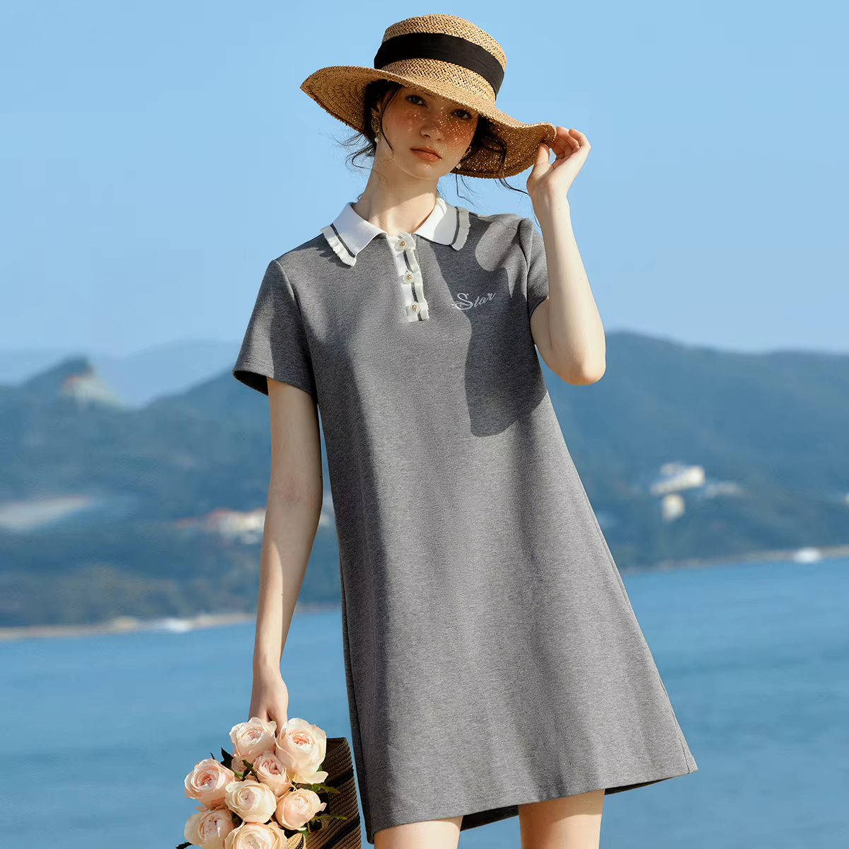 Robe Courte Décontractée OLrain pour Femme, Col Polo, Broderie Lettres Vintage Française, Nouvelle C