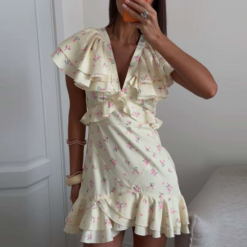 Robe d'été pour femme à manches papillon, coupe ajustée trapèze, mini-robe sexy à col en V profond e