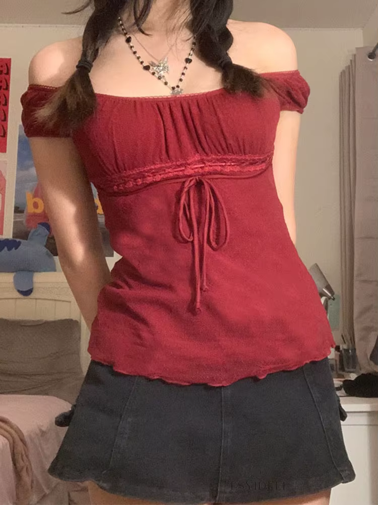 T-shirt en dentelle pour femmes, épaules dénudées, avec cordon de serrage, mode coréenne, fée Grunge