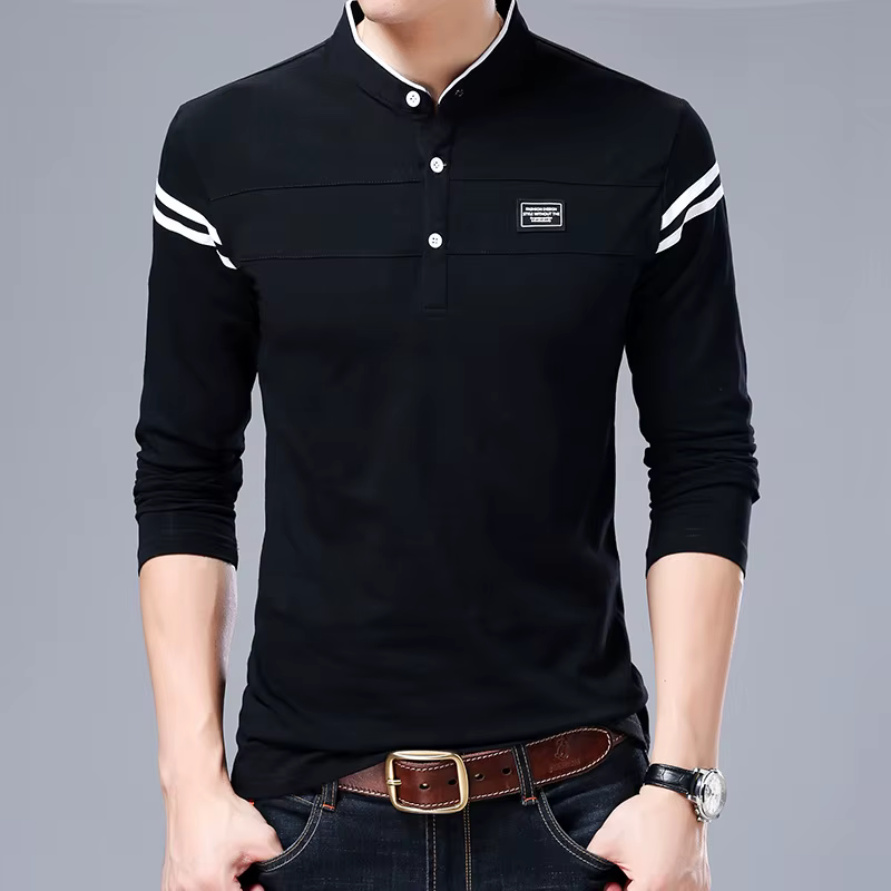 Polo à manches longues et col montant pour hommes, avec manches rayées, détail du logo, bouton multi