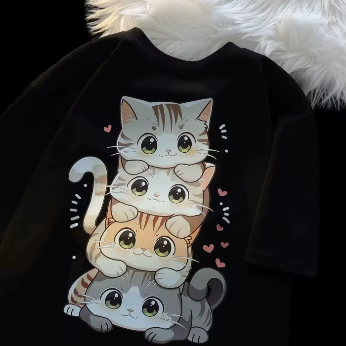 T-shirt manches courtes col rond femme, décontracté, ample et polyvalent, imprimé chat de dessin ani