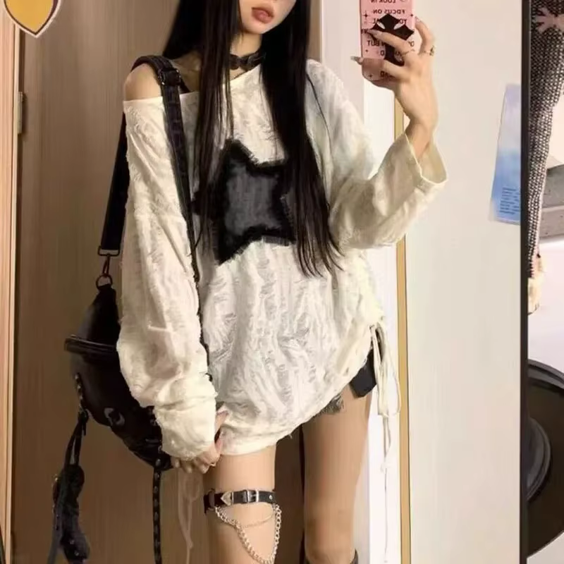 Y2K trou étoile imprimé T-Shirt femmes mode Streetwear épaules nues hauts été surdimensionné Kpop à 